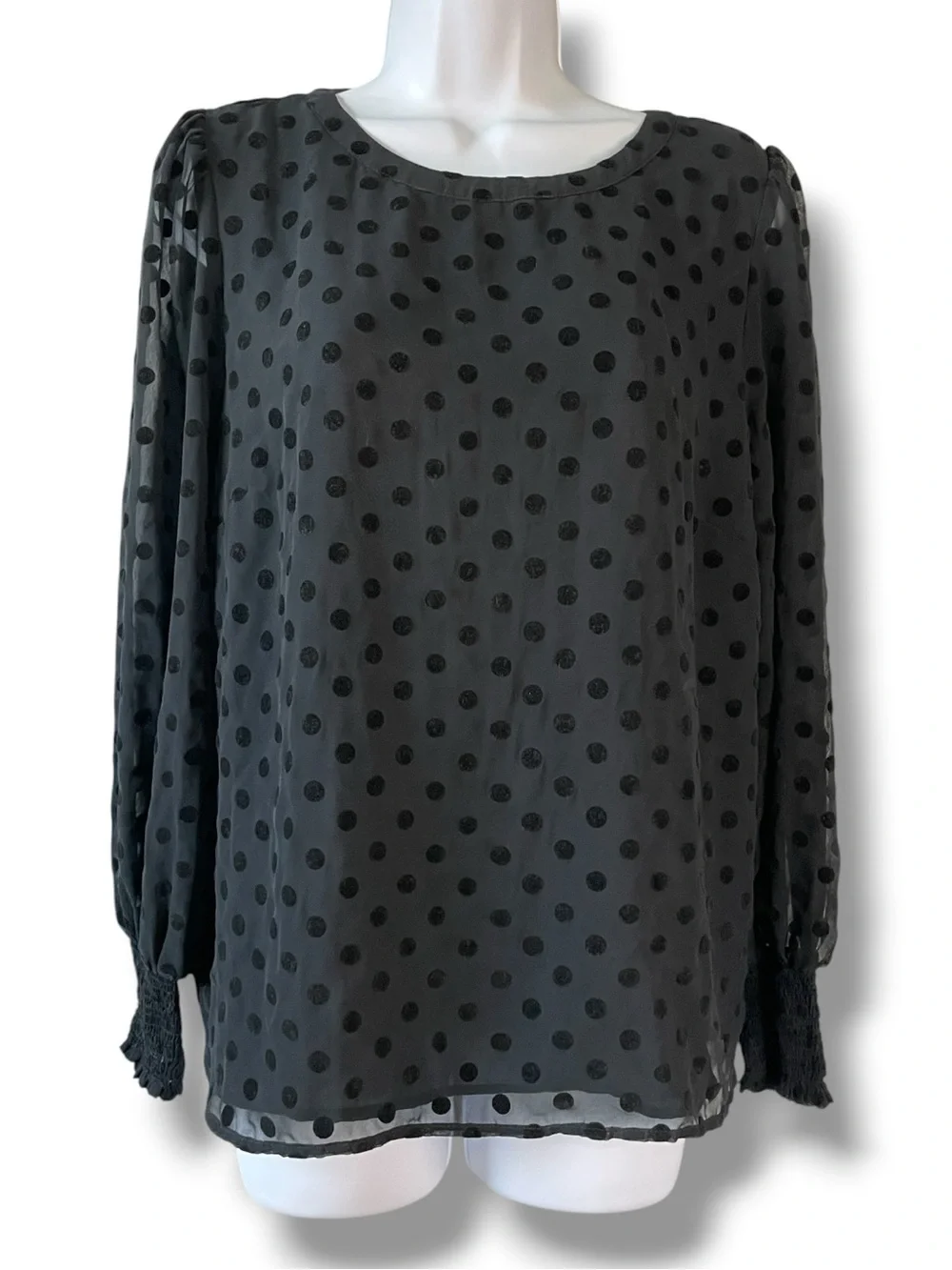 LOFT Black Sheer Velvet Polka Dot Blouse Puff Sleeve Smocked Cuff Romantic